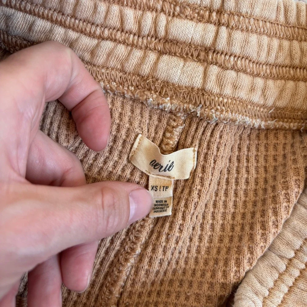 Aerie Womens XS Tan Waffle Knit Lounge Shorts High Waisted Thermal Smocked Waist